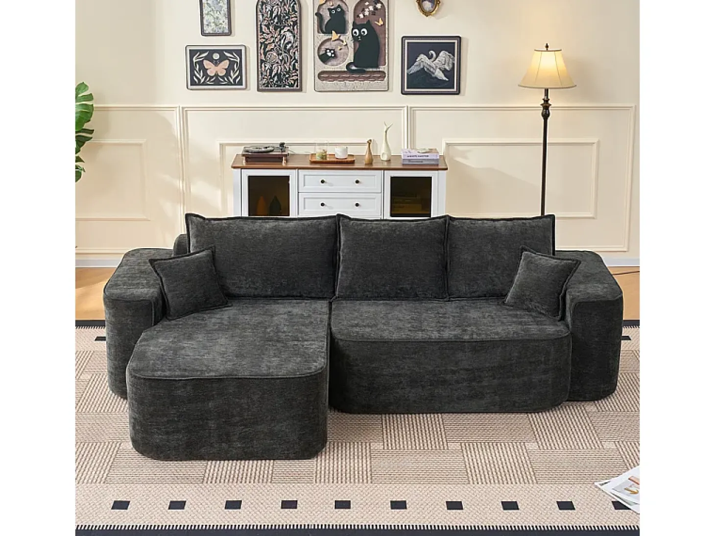 Sofá de canto esquerdo modular - Chenille Preto - 3 almofadas e 2 travesseiros - 262x144x65cm