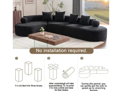 Sofá de canto esquerdo modular em Chenille - 5 Lugares - 4 travesseiros - Preto - 327x215x65cm