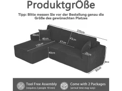 Sofá de canto esquerdo modular veludo canelado, 2 almofadas e chaise longue 128cm, Preto