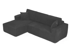 Sofá de canto esquerdo modular veludo canelado, 2 almofadas e chaise longue 128cm, Preto