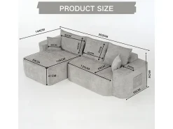 Sofá de canto esquerdo modular - Chenille Cinzento - 3 almofadas e 2 travesseiros - 262x144x65cm
