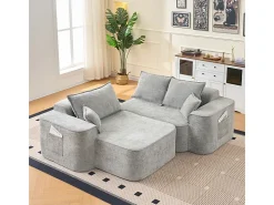Sofá de canto esquerdo modular - Chenille Cinzento - 3 almofadas e 2 travesseiros - 262x144x65cm