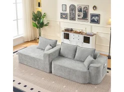 Sofá de canto esquerdo modular - Chenille Cinzento - 3 almofadas e 2 travesseiros - 262x144x65cm