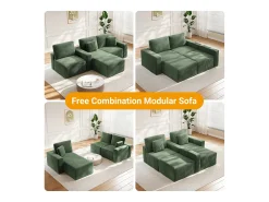 Sofá de canto esquerdo modular 3 lugares em veludo cotelê, com 2 almofadas, chaise longue 70x125cm, Verde