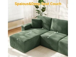 Sofá de canto esquerdo modular 3 lugares em veludo cotelê, com 2 almofadas, chaise longue 70x125cm, Verde