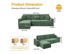 Sofá de canto esquerdo modular 3 lugares em veludo cotelê, com 2 almofadas, chaise longue 70x125cm, Verde