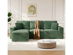 Sofá de canto esquerdo modular 3 lugares em veludo cotelê, com 2 almofadas, chaise longue 70x125cm, Verde