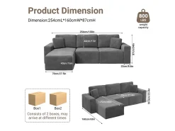 Sofá de canto esquerdo modular 3 lugares em veludo cotelê, com 2 almofadas, chaise longue 70x125cm, Cinza