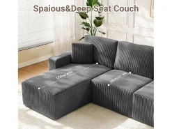 Sofá de canto esquerdo modular 3 lugares em veludo cotelê, com 2 almofadas, chaise longue 70x125cm, Cinza