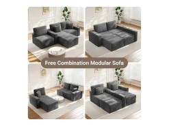 Sofá de canto esquerdo modular 3 lugares em veludo cotelê, com 2 almofadas, chaise longue 70x125cm, Cinza