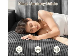 Sofá de canto esquerdo modular 3 lugares em veludo cotelê, com 2 almofadas, chaise longue 70x125cm, Cinza