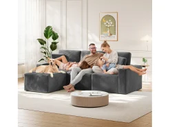 Sofá de canto esquerdo modular 3 lugares em veludo cotelê, com 2 almofadas, chaise longue 70x125cm, Cinza