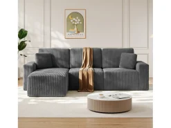 Sofá de canto esquerdo modular 3 lugares em veludo cotelê, com 2 almofadas, chaise longue 70x125cm, Cinza
