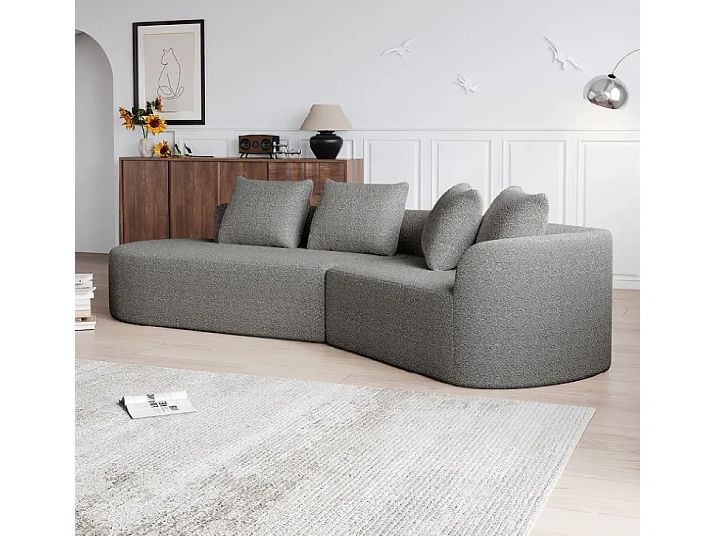 Sofá de Canto Esquerdo Moderno Superdimensionado 4 Lugares, com 4 Almofadas, Chaise Longue Curva, Tecido Chenille, Cinza Claro