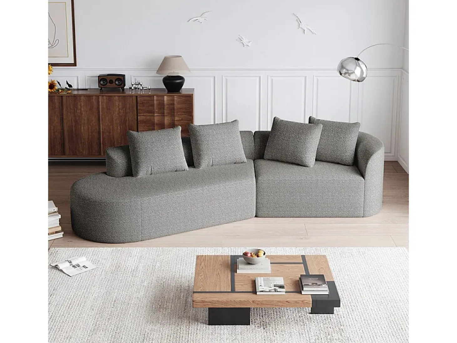 Sofá de Canto Esquerdo Moderno Superdimensionado 4 Lugares, com 4 Almofadas, Chaise Longue Curva, Tecido Chenille, Cinza Claro