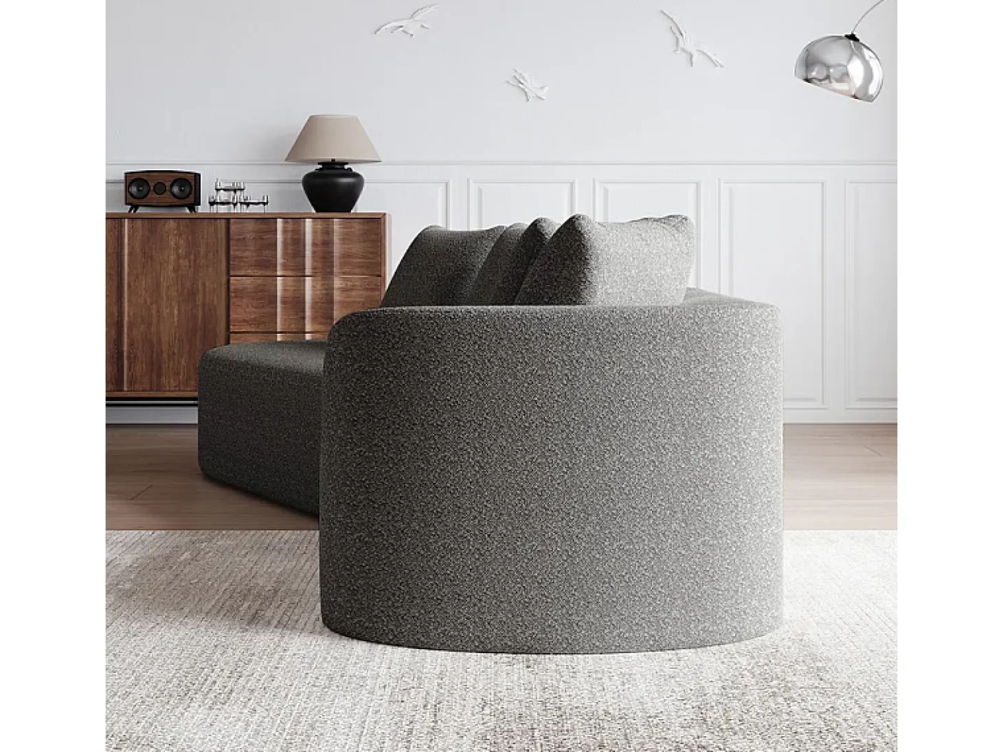 Sofá de Canto Esquerdo Moderno Superdimensionado 4 Lugares, com 4 Almofadas, Chaise Longue Curva, Tecido Chenille, Cinza Claro