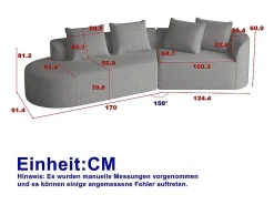 Sofá de Canto Esquerdo Moderno Superdimensionado 4 Lugares, com 4 Almofadas, Chaise Longue Curva, Tecido Chenille, Cinza Claro