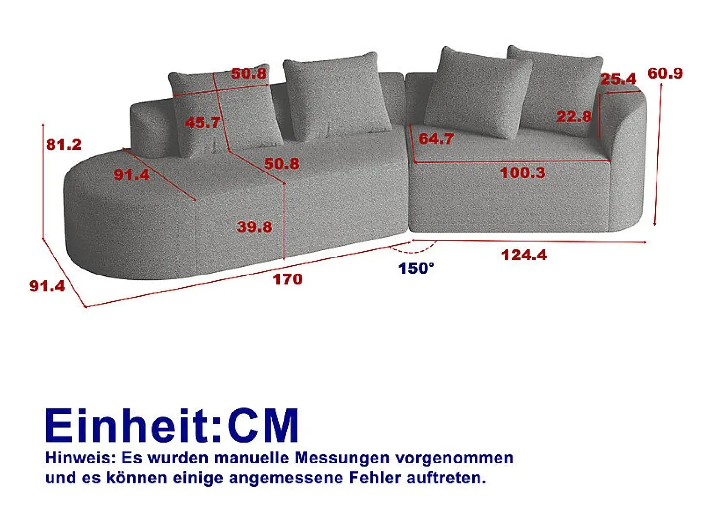 Sofá de Canto Esquerdo Moderno Superdimensionado 4 Lugares, com 4 Almofadas, Chaise Longue Curva, Tecido Chenille, Cinza Claro