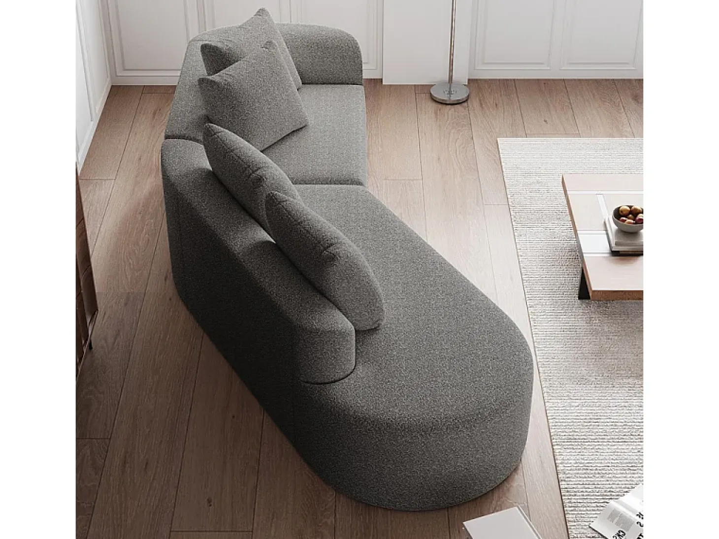 Sofá de Canto Esquerdo Moderno Superdimensionado 4 Lugares, com 4 Almofadas, Chaise Longue Curva, Tecido Chenille, Cinza Claro