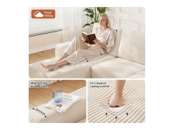 Sofá de canto esquerdo modular 3 lugares em veludo cotelê, com 2 almofadas, chaise longue 70x125cm, Bege