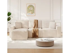 Sofá de canto esquerdo modular 3 lugares em veludo cotelê, com 2 almofadas, chaise longue 70x125cm, Bege