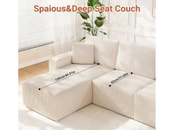 Sofá de canto esquerdo modular 3 lugares em veludo cotelê, com 2 almofadas, chaise longue 70x125cm, Bege