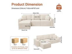 Sofá de canto esquerdo modular 3 lugares em veludo cotelê, com 2 almofadas, chaise longue 70x125cm, Bege