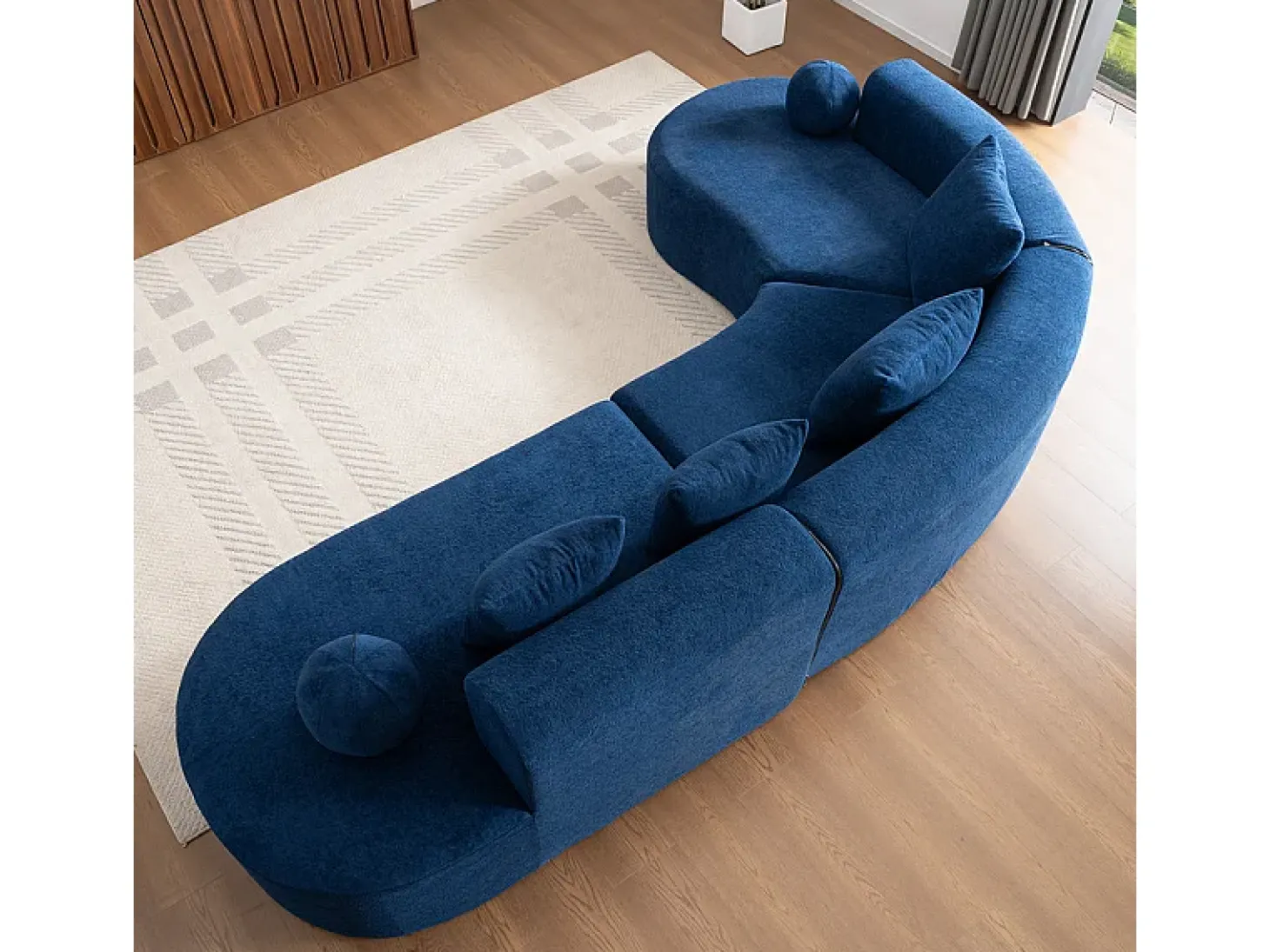 Sofá de canto esquerdo modular em Chenille - 5 Lugares - 4 travesseiros - Azul - 327x215x65cm
