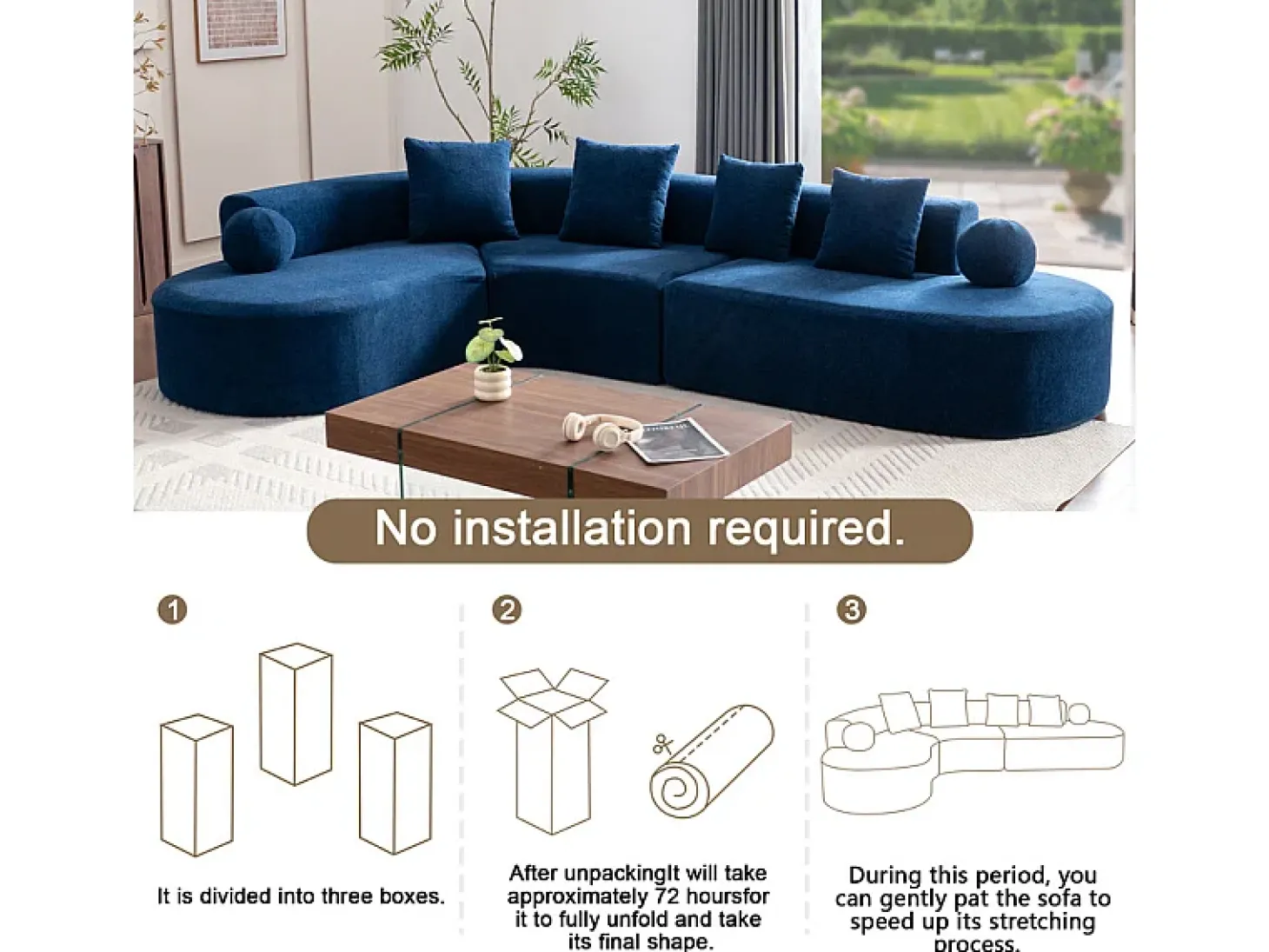 Sofá de canto esquerdo modular em Chenille - 5 Lugares - 4 travesseiros - Azul - 327x215x65cm