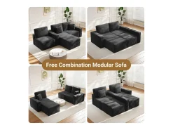 Sofá de canto esquerdo modular 3 lugares em veludo cotelê, com 2 almofadas, chaise longue 70x125cm, Preto