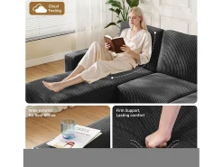 Sofá de canto esquerdo modular 3 lugares em veludo cotelê, com 2 almofadas, chaise longue 70x125cm, Preto