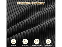 Sofá de canto esquerdo modular 3 lugares em veludo cotelê, com 2 almofadas, chaise longue 70x125cm, Preto