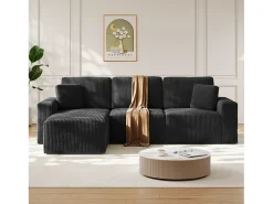Sofá de canto esquerdo modular 3 lugares em veludo cotelê, com 2 almofadas, chaise longue 70x125cm, Preto