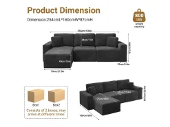 Sofá de canto esquerdo modular 3 lugares em veludo cotelê, com 2 almofadas, chaise longue 70x125cm, Preto