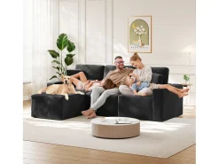 Sofá de canto esquerdo modular 3 lugares em veludo cotelê, com 2 almofadas, chaise longue 70x125cm, Preto