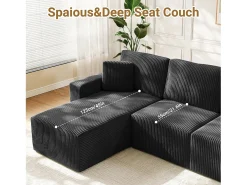 Sofá de canto esquerdo modular 3 lugares em veludo cotelê, com 2 almofadas, chaise longue 70x125cm, Preto