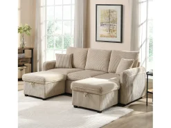 Sofá de canto estofado - 188 x 82 x 86 cm - 3 lugares - 2 apoios para os pés com armazenamento + 2 gavetas - veludo - cinza