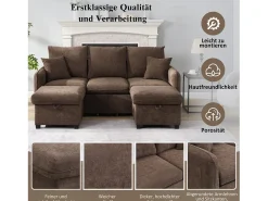 Sofá de canto estofado - 188 x 82 x 86 cm - 3 lugares - 2 pufes com armazenamento + 2 gavetas - veludo - marrom