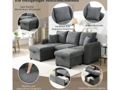 Sofá de canto estofado - 188 x 82 x 86 cm - 3 lugares - 2 apoios para pés com armazenamento + 2 gavetas - veludo - bege