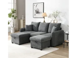 Sofá de canto estofado - 188 x 82 x 86 cm - 3 lugares - 2 apoios para pés com armazenamento + 2 gavetas - veludo - bege