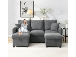 Sofá de canto estofado - 188 x 82 x 86 cm - 3 lugares - 2 apoios para pés com armazenamento + 2 gavetas - veludo - bege