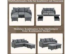Sofá de canto estofado - 188 x 82 x 86 cm - 3 lugares - 2 apoios para pés com armazenamento + 2 gavetas - veludo - bege