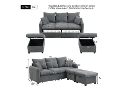 Sofá de canto estofado - 188 x 82 x 86 cm - 3 lugares - 2 apoios para pés com armazenamento + 2 gavetas - veludo - bege
