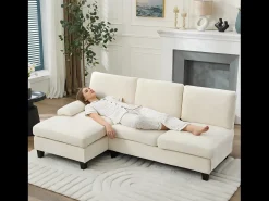 Sofá de canto moderno de 3 lugares - 194 x 118 x 81 cm - para sala de estar e quarto - tecido - bege