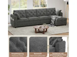 Sofá de canto moderno de 4 lugares com arrumação - apoios de braço laterais com bolsos 281 x 132 x 86 cm - veludo - cinzento