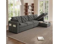 Sofá de canto moderno de 4 lugares com arrumação - apoios de braço laterais com bolsos 281 x 132 x 86 cm - veludo - cinzento