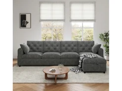 Sofá de canto moderno de 4 lugares com arrumação - apoios de braço laterais com bolsos 281 x 132 x 86 cm - veludo - cinzento