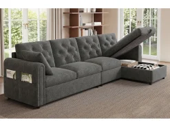 Sofá de canto moderno de 4 lugares com arrumação - apoios de braço laterais com bolsos 281 x 132 x 86 cm - veludo - cinzento