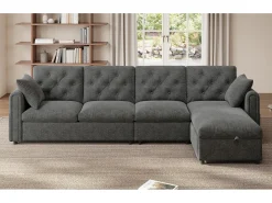 Sofá de canto moderno de 4 lugares com arrumação - apoios de braço laterais com bolsos 281 x 132 x 86 cm - veludo - cinzento
