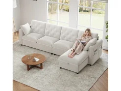 Sofá de canto moderno de 4 lugares com arrumação - apoios de braço laterais com bolsos 281 x 132 x 86 cm - veludo - bege